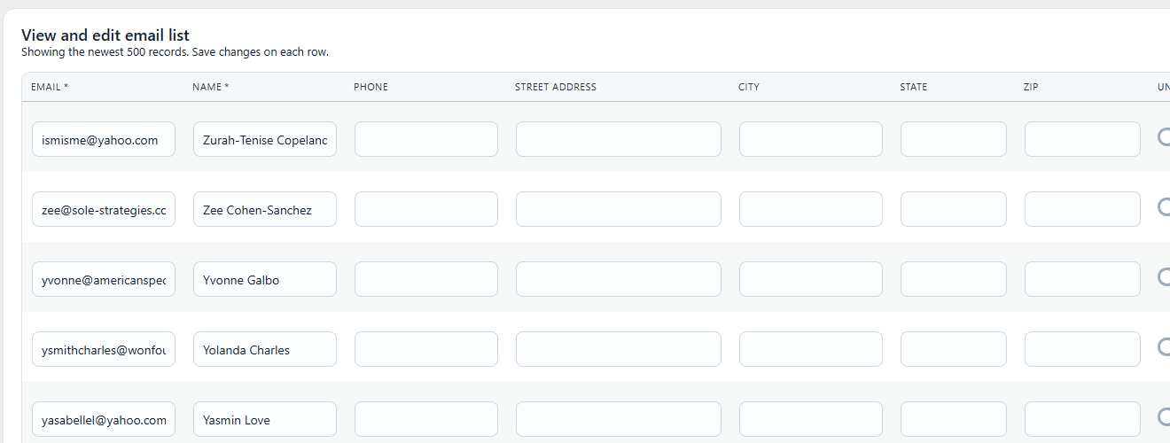 Editable email list table